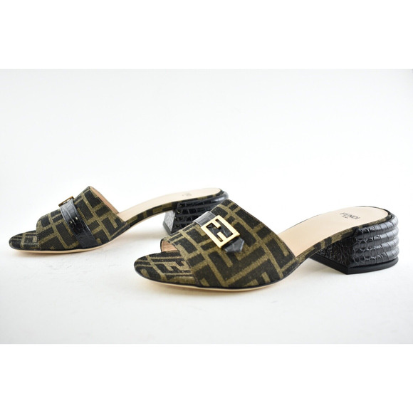 Fendi Black Brown Monogram Logo Backless Sandal Block Heel Mule Slide Pump 37.5 - Picture 10 of 12